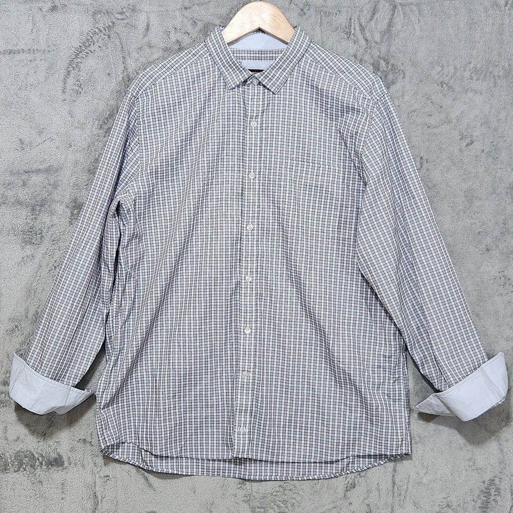 Johnston & Murphy Men's Flip Cuff Button Up Shirt XL Plaid Blue 100% Cotton